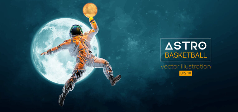 Basketball player astronaut in space action and Moon, Mars planets on the background of the space. Vector illustration