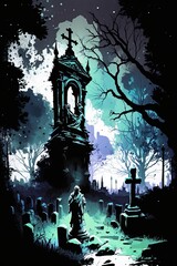 scary cemetery cartoon illustration with cross sign in the tombstone, generative ai