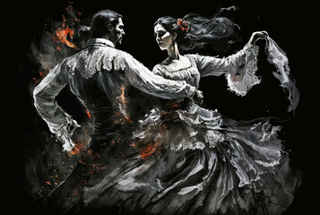 Generative AI illustration of Young couple dancing flamenco - obrazy, fototapety, plakaty