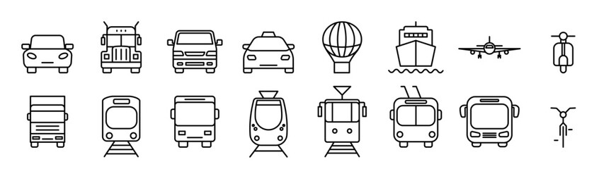 Set of transport type thin line vector icons