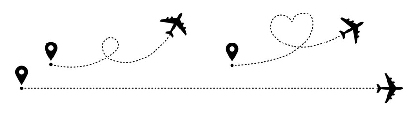 Airplane line path, airplane routes set, aircraft tracking, planes, travel, map pins, location pins