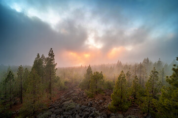 Sonnenuntergang hinter Wolken mit tief hängenden Wolken sieht aus wie Waldbrand in der Ferne