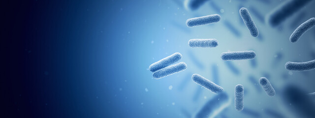 Bacteria. Bacterium. Blue color. Prokaryotic microorganisms. 3d illustration. Copy space. Banner