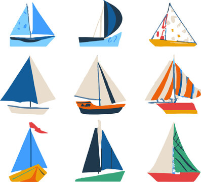 Beautiful Types Of Sailing Shpis Colorful Vector Icons Separated On White Background.