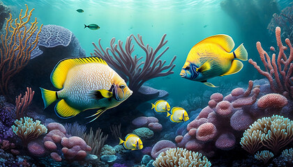 Sea background with tropical fish and coral reefs new quality universal colorful technology stock image illustration design, generative ai
