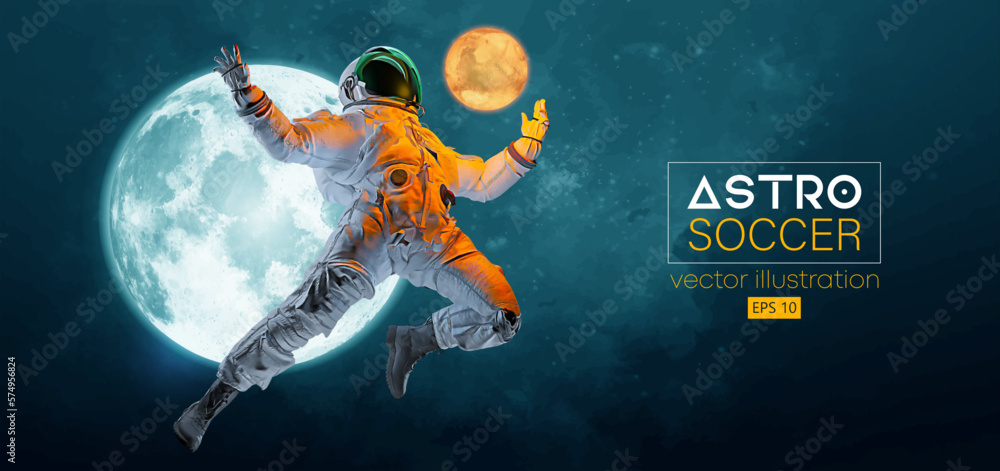 Wall mural soccer football player astronaut in space action and moon, mars planets on the background of the spa