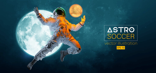 Soccer football player astronaut in space action and Moon, Mars planets on the background of the space. Vector illustration