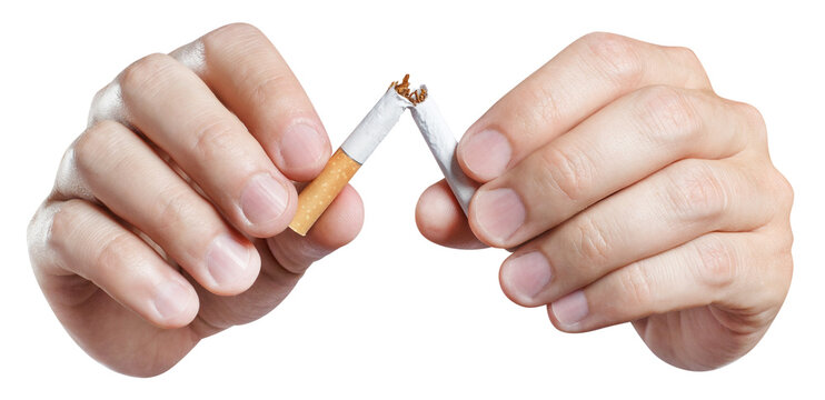 Close-up of male hands breaking a cigarette in half, cut out