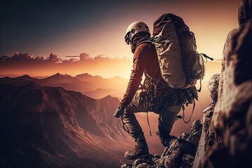 Obraz premium Professional climber with helmet, backpack and harness climbing at sunset. Generative AI