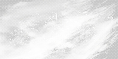 A transparent special effect is highlighted by fog or smoke. White cloud vector, snow storm. Glitter of stars through a snowy haze.