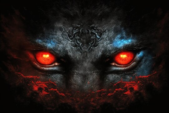A red glowing wolf eyes illustrations of evil animal character, generative ai