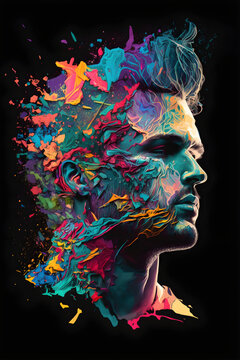 Abstract Colourful Human Head shattering on a dark background, made from geometric fragments, generative AI