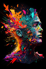Abstract Colourful Human Head shattering on a dark background, made from geometric fragments, generative AI