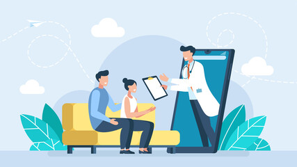 Young Couple Communicate with Therapist Doctor. Psychological consultation online. The couple in psychological therapy. Internet Mobile Online Conversation. Home Consultation. Flat illustration
