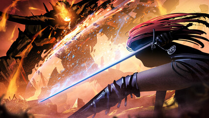 beautiful, sexy warrior girl with a magical glowing sword at a great distance fearlessly cuts a giant monster of a fire golem, which is scattered on fire debris from methiorites and lava. 2d anime art © warmtail
