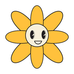Groovy flower cartoon characters. Funny happy daisy with eyes and smile.