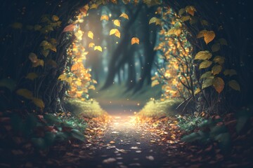 Fototapeta na wymiar Enchanted Forest Path Arch Passage Tunnel with Glittering Leaves Generative AI