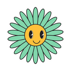 Groovy flower cartoon characters. Funny happy daisy with eyes and smile.