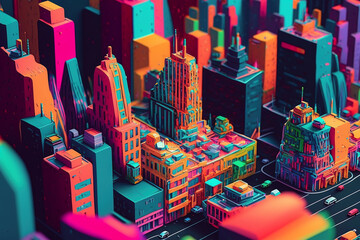 Illustration of a city in vibrant colours drawn with a crayon.  Generative AI.