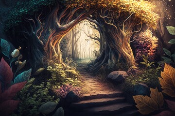 Enchanted Forest Path with Step Stairs. Landscape Glittering Leaves Magic Generative AI