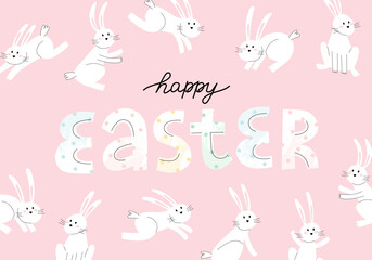Happy easter trendy lettering with bunnies. Minimalist holiday characters, cute stylized rabbits, vector illustration for prints or greeting cards