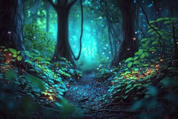 Enchanted Forest Landscape with Glittering Leaves Generative AI