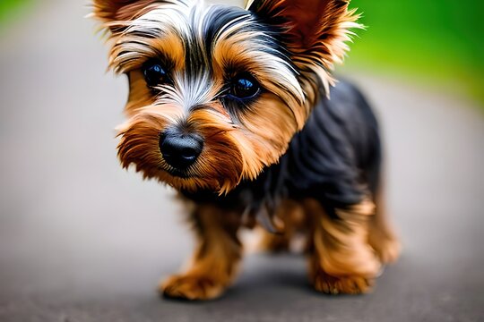Cute puppy dog ​​portrait of the breed of Yorkshire Terrier. Close up. Beautiful dog photo ideal for advertising spot, banner and advertising. Generative Ai