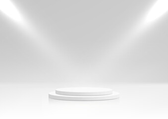 3D realistic white cylinder podium stand with spotlight