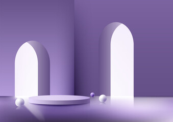 3D realistic purple podium stand interior room