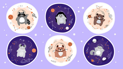 Obraz premium Cute animal in a spacesuit with a helmet and a planet. Astronaut animals, animals flying in space, space children's illustrations, spaceships 