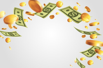 Banner with money - bank notes and gold coins isolated on light background. Illustration with place for text. Frame - swirl of bills.
