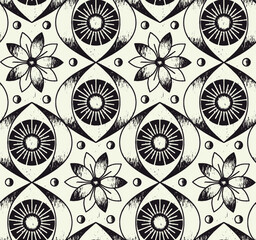 Seamless floral pattern with sketchy eyes in vintage style. Trendy black and white texture with new age motif. Mystical drawing print on a white background. Vector illustration.