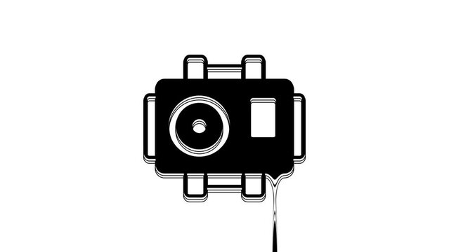Black Photo camera for diver icon isolated on white background. Foto camera icon. Diving underwater equipment. 4K Video motion graphic animation