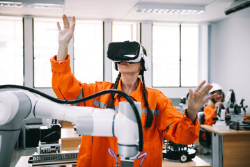 Engineering female wearing VR glasses for simulate control automation robotic welding machines in...