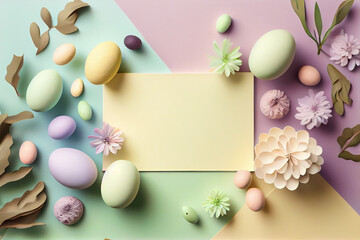 Naklejka na ściany i meble Pastel Easter Eggs on a pastel background, top view with copy space, Minimalist Easter backgroundGenerative AI