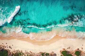 Fototapeta na wymiar waves and sandy beach background top view Ai generative