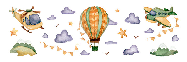 Children's watercolor set with hot air balloon and airplanes. Sky with stars, clouds and land with mountains and trees
