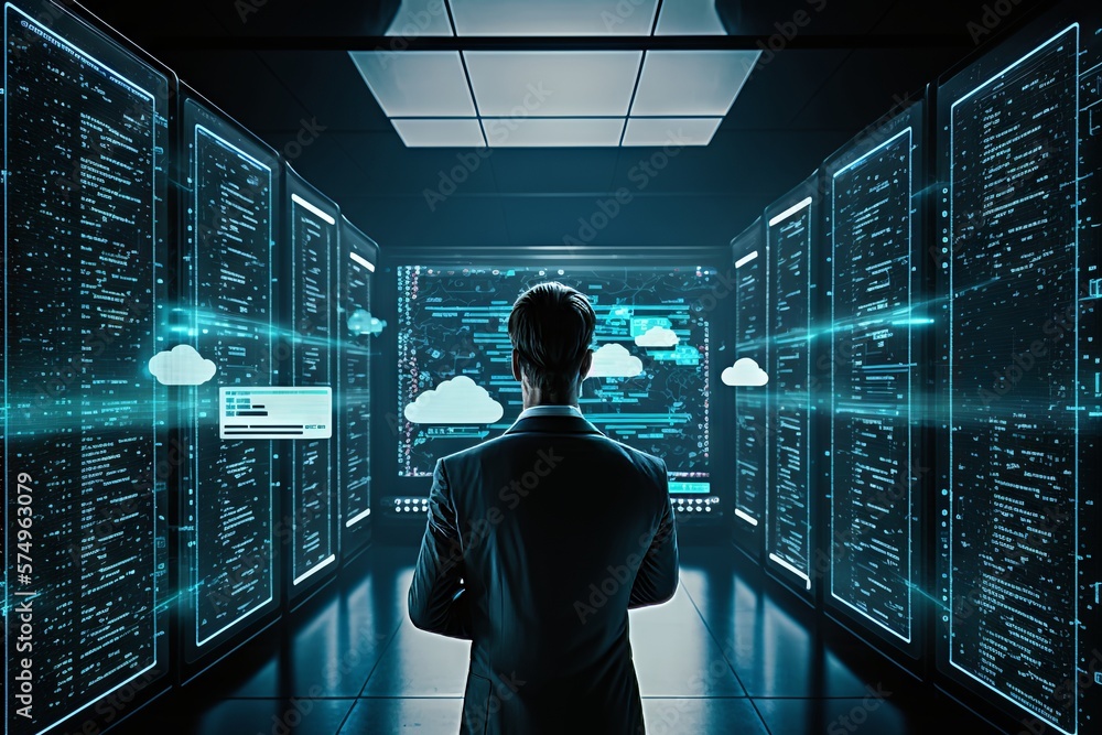 Poster back view of young businessman looking at server room with cloud computing interface. generative ai
