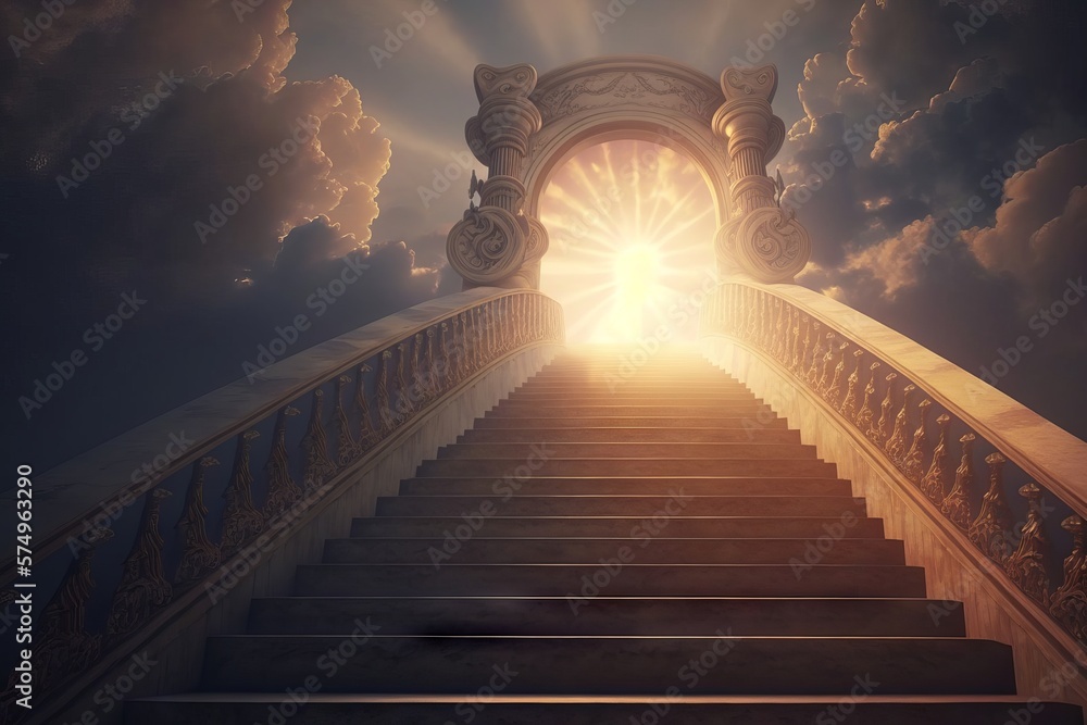 Poster conceptual image of stairway leading to heaven with light coming through. generative ai