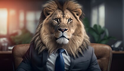 Portrait of a lion in a suit and tie in a modern office. Generative AI - obrazy, fototapety, plakaty