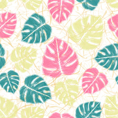 Monstera exotic leaves floral seamless ornament over noisy background.