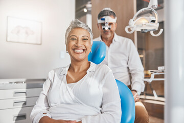 Portrait, face or doctor with happy woman in eye exam for eyesight at optometrist office with smile. Senior optician helping a mature customer testing or checking vision, iris or retina visual health - obrazy, fototapety, plakaty