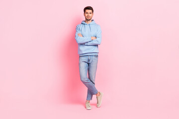 Full length photo of serious person guy crossed hands pose demonstration new stylish outfit for...
