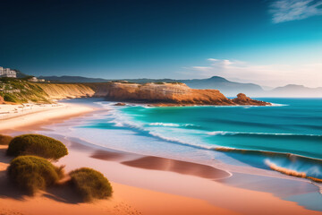Fototapeta premium Beautiful dreamy beach at sunset background illustration