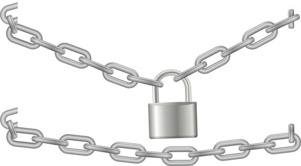 Padlock and chain. Gray metal chain and padlock, handcuffed card, vector