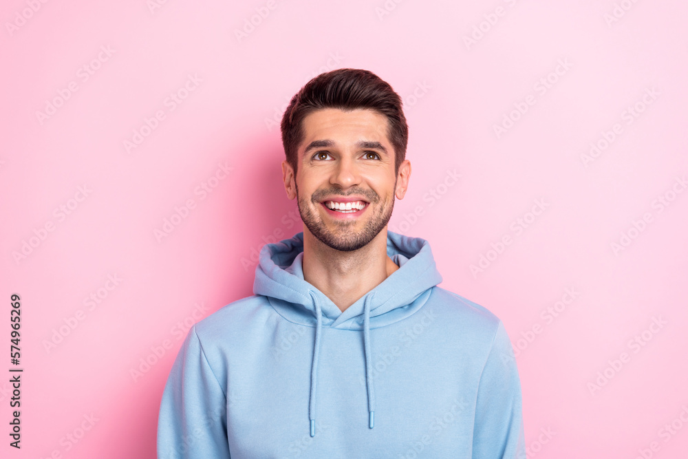 Poster portrait of positive charismatic man wear bright clothes looking empty space banner ad super proposi