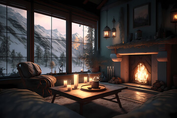 family lounge with snow view