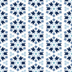 Islamic mosaic design. Moroccan star shaped floral arabesque, elegant tile pattern for Ramadan Kareem holiday. Blue Portuguese azulejo. Decorative vector illustration background, fabric design.