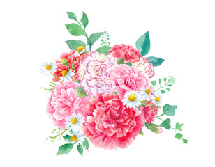 色々なカーネーションの水彩イラスト。アレンジメント。母の日の装飾。