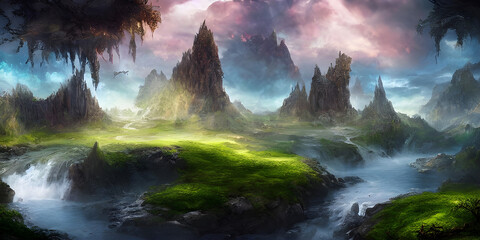 Fototapeta na wymiar Fantasy sunset in the mountains and lake AI background illustration